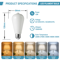 Ampoule LED à filament de verre CRI90 dimmable 12W, culot B22/E26/E27, ST21/ST64, température de couleur 2200K-6000K, certifiée AC CE, utilisation multi-scènes