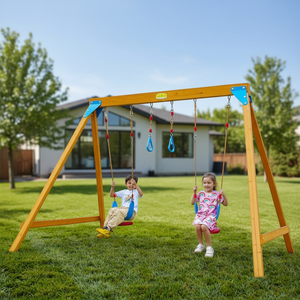 Ensemble de balançoires pour enfants en bois de sapin chinois avec 2 balançoires, <span class=keywords><strong>anneaux</strong></span> trapèze et aire de jeux familiale extérieure pour enfants de 5 ans et plus, pour jardin - Product Image 1