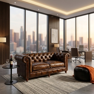 Divano Chesterfield <span class=keywords><strong>in</strong></span> Vera <span class=keywords><strong>Pelle</strong></span> Marrone Anticata Vintage OEM ODM a 2 Posti per Ufficio Dirigenziale - Product Image 2