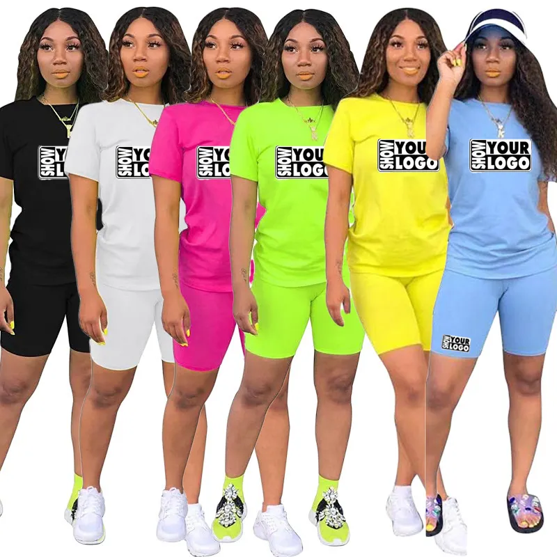 Wholesale plus size womens 2 piece neon clothing short sets 2 Piece Set Neon Outfits Tracksuit Crop Top Biker Set