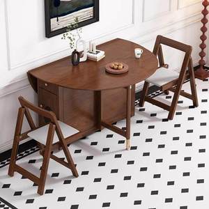 Solid Wood Round <strong>Folding</strong> <strong>Dining</strong> <strong>Table</strong> <strong>Chair</strong> Combination Small Apartment Space Saving Antique Style Storage Home Wooden Variable - Product Image 4