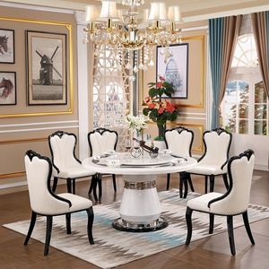Ensemble <span class=keywords><strong>table</strong></span> et chaises de salle à manger 6 places, style européen moderne et épuré, en marbre naturel et bois massif, <span class=keywords><strong>plateau</strong></span> <span class=keywords><strong>tournant</strong></span> noir et blanc, <span class=keywords><strong>pour</strong></span> petits espaces - Product Image 2