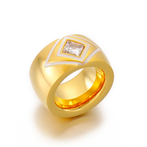 New Design Two‑Tone Option Geometric Wide Band <b>Ring</b> Square Cubic Zirconia Enamel Decoration <b>Stainless</b> <b>Steel</b> <b>Men</b> Women <b>Ring</b> - Product Image 1