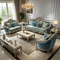 Ensemble de canapés complets en velours tufté bleu ciel, avec cadre en bois massif sculpté à la main blanc antique, pour salon de style palais français