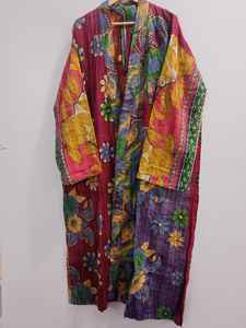 Handmade Cotton Kantha Quilted Coat with Long <b>Vintage</b> <b>Kimono</b> Pattern Bohemian Style Free Edge Raw Edge - Product Image 5