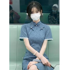 Ecoparty verano mejorado estilo chino nacional <span class=keywords><strong>azul</strong></span> Cheongsam vestido temperamento elegante Retro Delgado tradicional Tarde Qing <span class=keywords><strong>Qipao</strong></span> - Product Image 6