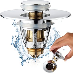 Bouchon de lavabo universel en acier inoxydable à poussoir, filtre anti-colmatage à noyau en forme de balle, finition chromée pour lavabo - Product Image 1