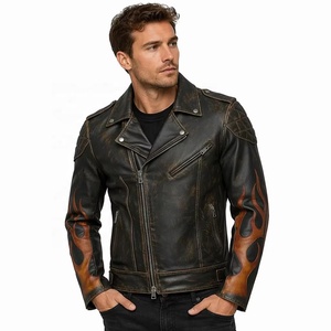 <span class=keywords><strong>Chaqueta</strong></span> de Motociclista Personalizada de Cuero Genuino con Diseño Vintage de Llamas y Apliques de Cuero para Hombre, Fabricante de Prendas de Abrigo para Motociclistas - Product Image 1