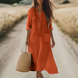 Robe midi d'été premium pour <span class=keywords><strong>femme</strong></span>, coupe ample, demi-manches, avec poches, col Henley, style décontracté, pour grandes tailles - Product Image 2