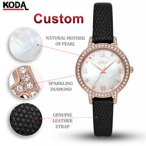 Montres OEM pour femmes, <span class=keywords><strong>montre</strong></span> à quartz, <span class=keywords><strong>or</strong></span> rose, lunette sertie de diamants, cadran en nacre, bracelet en cuir <span class=keywords><strong>noir</strong></span>, élégante - Product Image 1