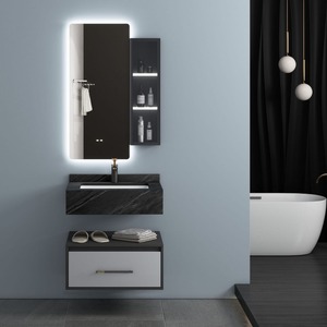 ตู้ห้องน้ำดีไซน์ทันสมัยและมินิมอล พร้อมท็อปเคาน์เตอร์หินอ่อนสีเทา อ่างล้างหน้าสีขาว และตู้กระจกอัจฉริยะ - Product Image 3