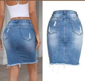 Hot Selling Damen Jeans röcke mit Loch Frauen Riss Quaste Design Schlank Sexy Jean Rock Blue Denim Hip Wickel rock