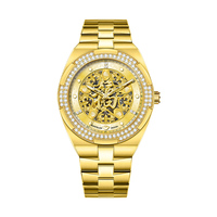 AIKEFELLER AF2660 Montre automatique pour homme, cristal saphir, aiguilles, étanche 3ATM, lunette sertie de diamants, plaqué or, acier inoxydable, luxe