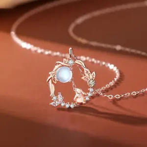 Ensembles de bijoux fins en argent Sterling 925, pendentif pierre de lune année du lapin chaîne de pull lapin Bracelets et collier ensemble