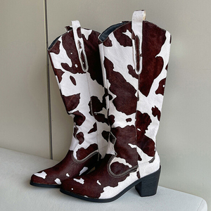 Western Style Horse Hair Cowboy Long <b>Boots</b> Women High Square Heels Cow Pattern Shoes V-shaped Top Knee High Booties - Product Image 5