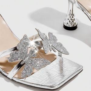 Sandali con tacco alto e laccato a fiori tridimensionali a punta tonda da donna, <span class=keywords><strong>eleganti</strong></span> <span class=keywords><strong>tacchi</strong></span> alti argentati - Product Image 4