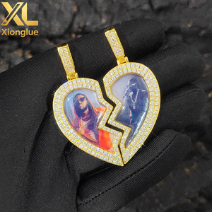 Collar con Colgante de Corazón Roto con Incrustaciones de Diamantes de Imitación, Joyería Fina Hip Hop, Chapado en Oro Blanco, Marco de Fotos Personalizado - Product Image 6
