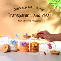 Gobelet en verre moderne à motif de fruits ondulés avec couvercle en bambou, paille en verre réutilisable, compatible micro-ondes et lave-vaisselle, pour café glacé et boissons gazeuses