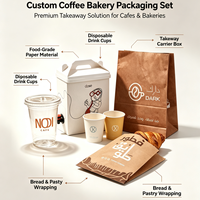 Ensemble d'emballages personnalisés pour café et boulangerie à emporter : sacs en papier, boîtes à gâteaux avec poignée, gobelets PET, gobelets en papier jetables, boîtes en papier