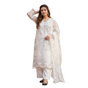 Ensemble Kurta en coton blanc brodé avec pantalon palazzo, coupe ample traditionnelle, longueur cheville, tenue ethnique style Inde Pakistan - Product Image 1