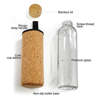 Botol Air Kaca Reusable Grosir 500ml/750ml/1000ml, Tutup Bambu, Sarung Gabus, Anti Bocor, untuk Minuman Energi, Kemasan Custom