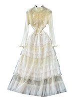 Robe midi élégante à manches longues en tulle à volants pour femme, collection printemps-été, avec dentelle et sequins, taille tricotée
