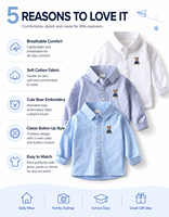 Chemise Classique Garçon 2026 à Manches Longues 100% Coton Broderie Ours Boutonnée Style Preppy Scolaire Formel Décontracté Haut Enfant 3 Couleurs