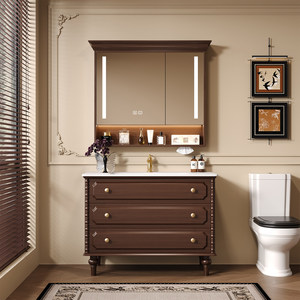French retro bathroom cabinet hot curved integrated basin washbasin <b>oak</b> floor standing washbasin cabinet - Product Image 4