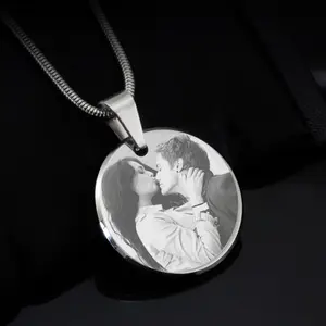 Tungsten Steel Pendant Customized Laser Engraved Photo Logo Tungsten Round Plate Pendant Necklace Minimalist Couple Jewelry