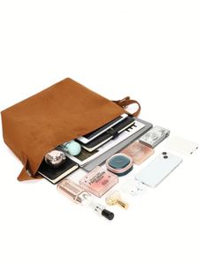 Nuevo Bolso Tote Grande Impermeable de Color Sólido con Acabado de Gamuza PU, Cierre Abierto, para Otoño/Invierno, para Viajes Diarios, de Poliéster - Product Image 4