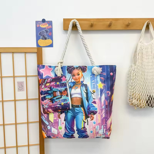 Bolsas de Hombro de Lona de Algodón para Mujer, con Estampado Africano de <span class=keywords><strong>Chica</strong></span>, Personalizadas al por Mayor, Lindas y Artísticas, de Gran Capacidad, Lisas, con Asas de Cuerda - Product Image 5