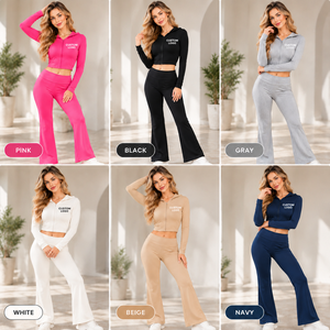 LEDUO Custom <b>Women</b> Zip Hooded Crop Top And Flared Leg <b>Trousers</b> Set Comfortable Elastic Daily Sport Casual Outfit - Product Image 2