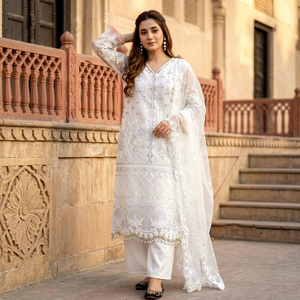 Conjunto de Salwar Kameez Bordado con Perlas Blancas, Dupatta de Encaje, Traje Tradicional Indio Pakistaní para Bodas y Fiestas - Product Image 1