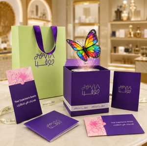 Boîte cadeau de luxe arabe sur mesure avec effet surprise papillon volant pour parfum et bijoux, avec sac en papier et kit de rubans assortis - Product Image 1
