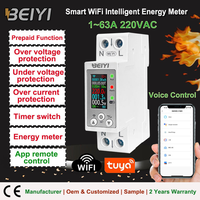 Oem Single Phase WiFi Smart MCB Energy Meter kWh Monitoring LCD TFT LCD Display Voltage Protector with Timer Relay Tuya