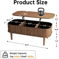 Table basse relevable cannelée avec rangement dissimulé, design moderne du milieu du siècle, en bois, pour salon