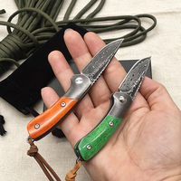 Pisau Lipat Mini Premium Baja Damaskus Gagang Tulang Sapi Ringan EDC untuk Berkemah Piknik Membongkar Paket