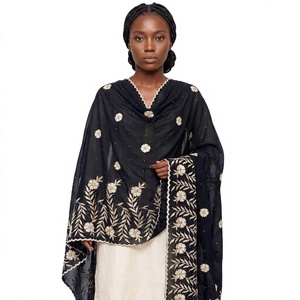 Wholesale Women Black <b>Chiffon</b> Cream Floral Embroidered Headscarf Shawl Lightweight Breathable Long Wrap All Season <b>Scarf</b> Bulk - Product Image 1
