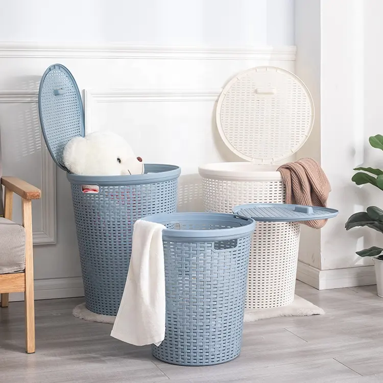 Rotan Ontwerp Ronde Vorm Plastic Wasmand Met Deksel Vuile Kleding Sorteerder Plastic Wasmand