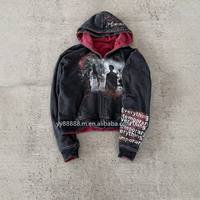 Sudadera con Capucha OEM de Algodón Pesado para Hombre, Roja y Negra, con Lavado Ácido, Reversible, Estampada, Estilo Y2K, Personalizada al por Mayor