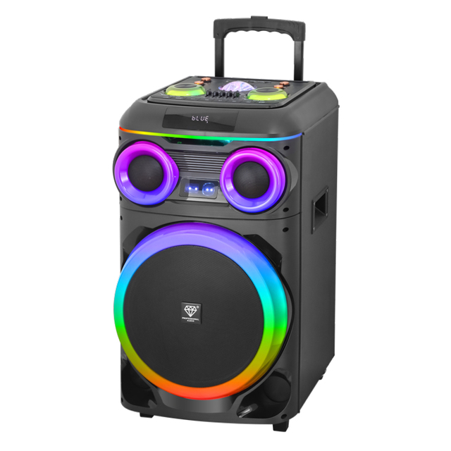 Wholesale 15 Inch Rechargeable Speaker with Lights, Portable PA System Wooden Karaoke Wireless Trolley Speaker for Outdoor Party
