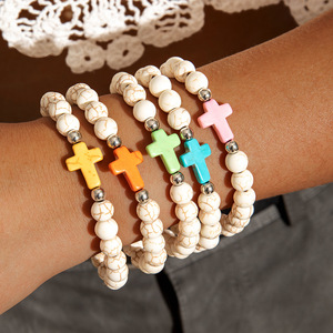 Hecho a mano barato 8MM semipreciosa piedra elástica cadena joyería turquesa con cuentas pulsera cristiana hombres con pulsera cruzada - Product Image 1