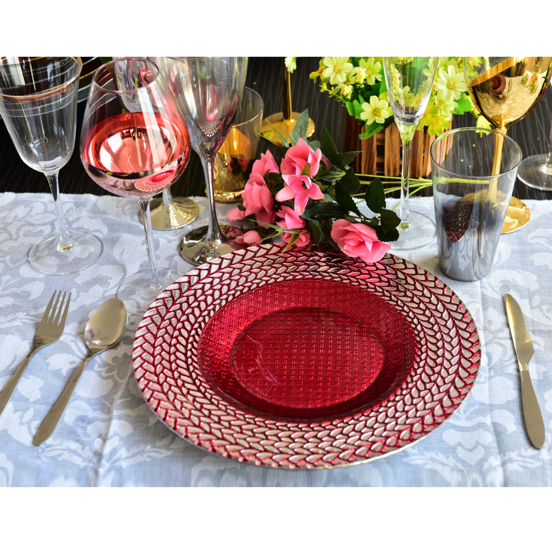 Vintage Lace Clear Glass Charger Plate - Silver Rim - Event Decor