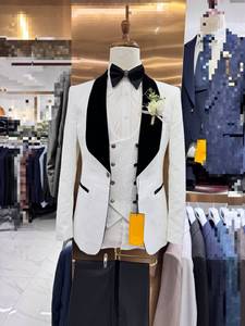 Weißer Schal V-Ausschnitt Herren Slim Fit Business-Jacke Einknopf-Smoking Herren Hochzeitsanzüge mit Goldknöpfen <span class=keywords><strong>MS13</strong></span> - Product Image 5