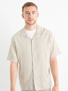 Chemise de camp en tricot éponge pour homme, manches courtes, mélange de lin et de coton, boutonnée, haut en éponge, crème - Product Image 2
