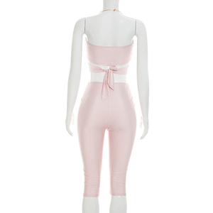 Viviblook C26ST219 Women <b>Set</b> New <b>Sexy</b> Sleeveless Solid Color Hollow Halter Tank Top Tight Cropped Pants Two Piece <b>Set</b> - Product Image 3