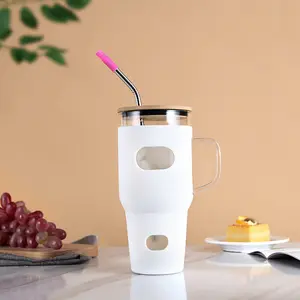 BPA ücretsiz kullanımlık fincan kahve kupa su şişeleri 32oz cam pipetli bardak ve bambu kapak kolu zaman işaretleyici silikon kol