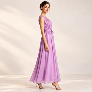 Abito lungo <span class=keywords><strong>da</strong></span> donna 2026 rosa lavanda senza maniche, scollo rotondo arricciato, con cintura in vita, linea fluida, effetto chiffon, per <span class=keywords><strong>invitata</strong></span> a <span class=keywords><strong>matrimonio</strong></span> - Product Image 2