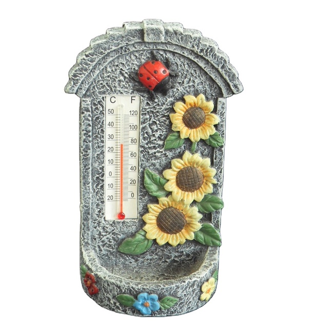 3D Customized Designs Cement Crafts Bird Feeder with Sunflower Thermometer for Garden Decoration