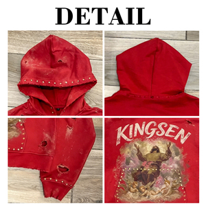 Sweat à capuche graphique DTG personnalisé Y2K, coupe oversize, effet vieilli, style gothique clouté, streetwear pour homme - Product Image 6
